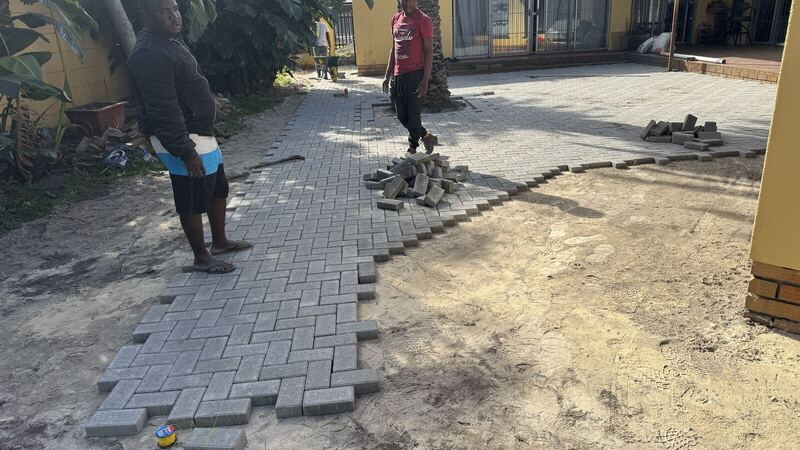Finished herringbone paving field